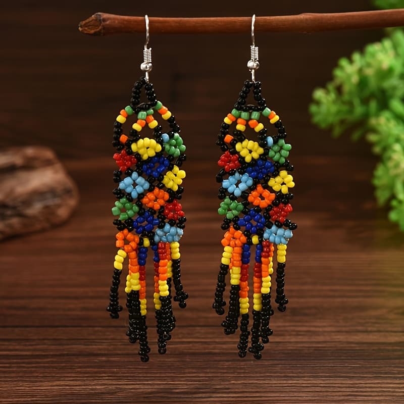 TEMU Bohemian Woven Flower Tassel Bead Earrings For Women (handcrafted With Patterns)