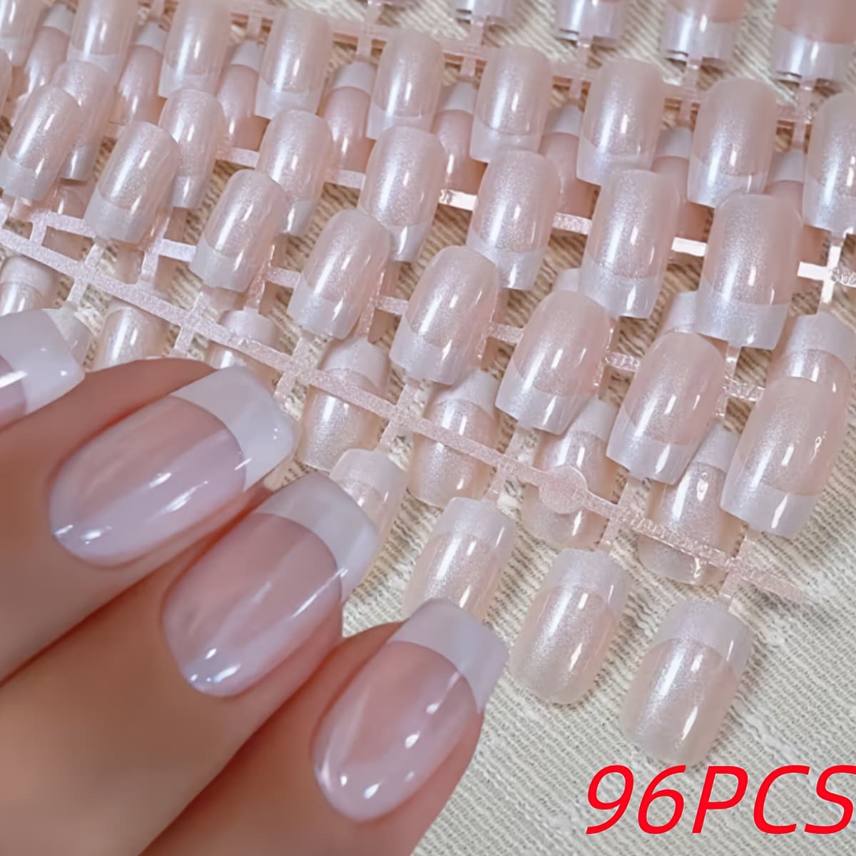 TEMU 96pcs Pearlescent Pink White Square Press-on Nails, Fashionable Elegant False Nails, Suitable For Women For Festivals, Parties, Daily Wear, Easy To, Reusable