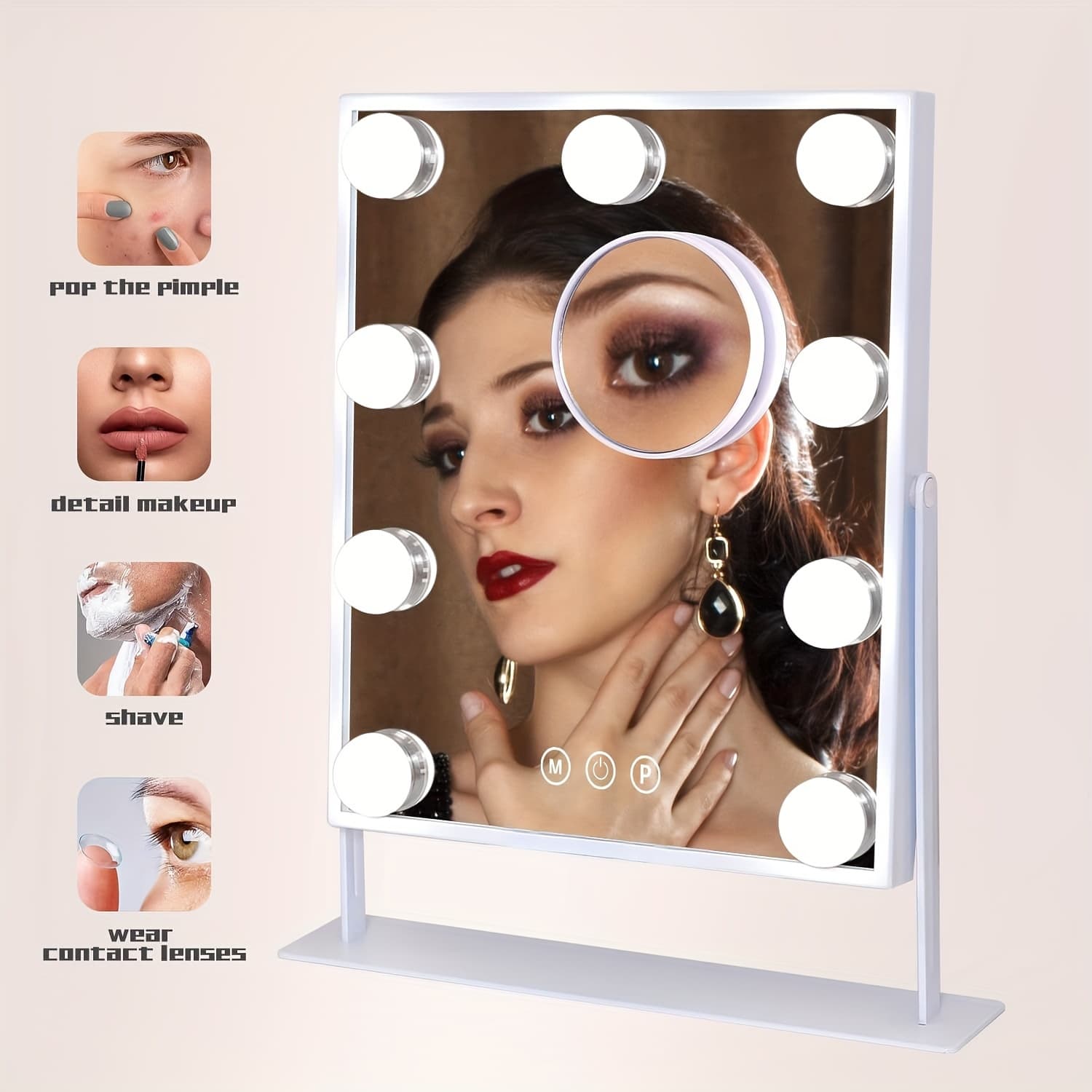 TEMU Mirror 12-light, 9-light, Lighted Makeup Mirror With 3 Colour Lighting And 9/12 Dimmable Bulbs, Detachable, Smart , , White