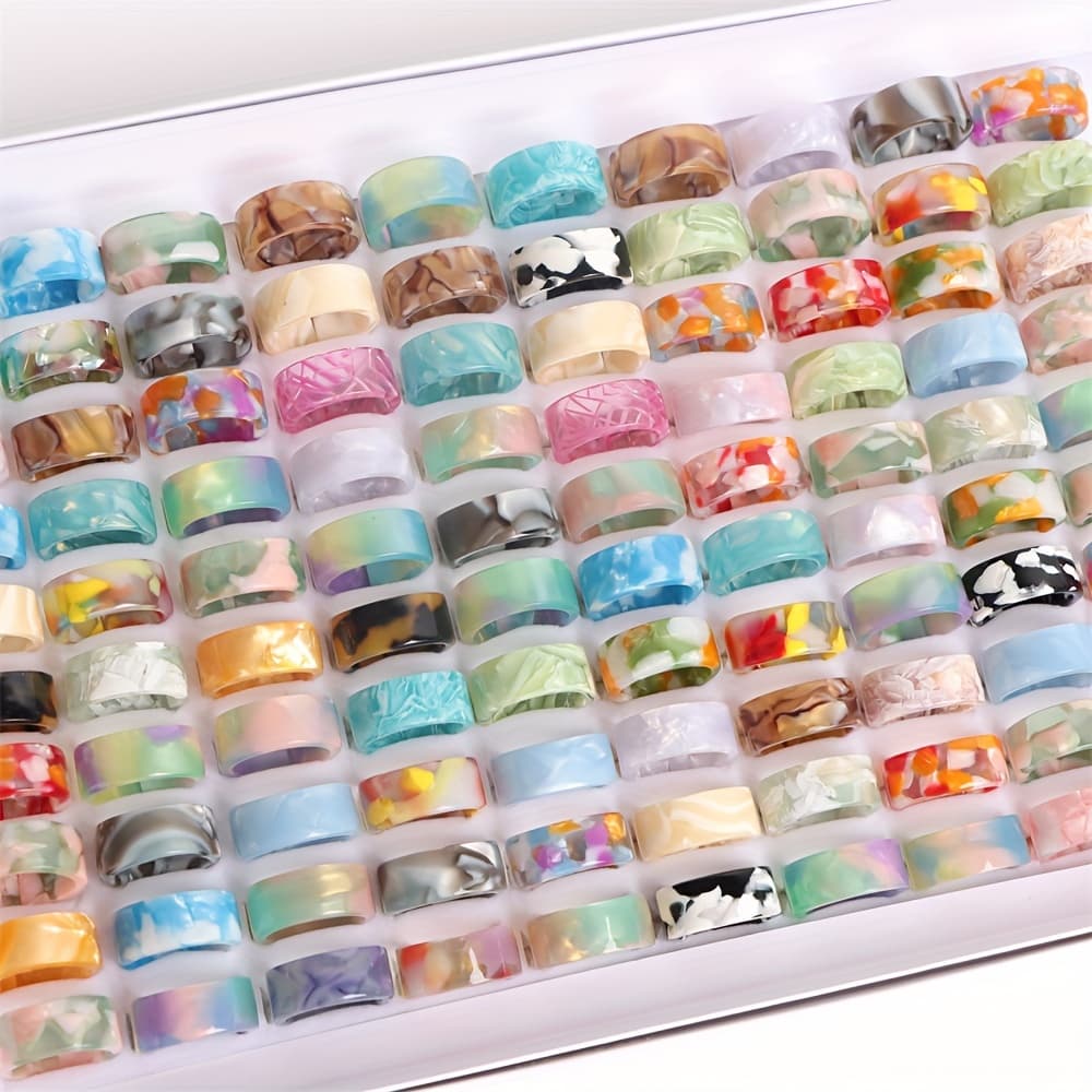 TEMU 10pcs Opp Bagged Random Shipment Fashion Texture Gradient Wave Opening Resin Rings For Women Summer Beach Jewelry Party Additions Gifts