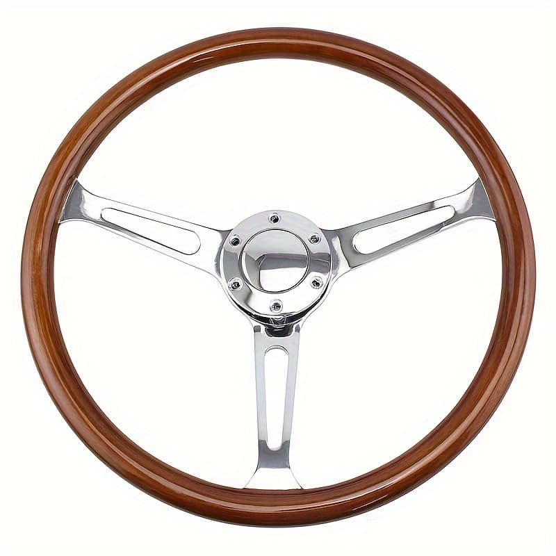 TEMU 14.76 Inch Abs Retro Wood Grain Steering Wheel With With Classic Silvery Spoke