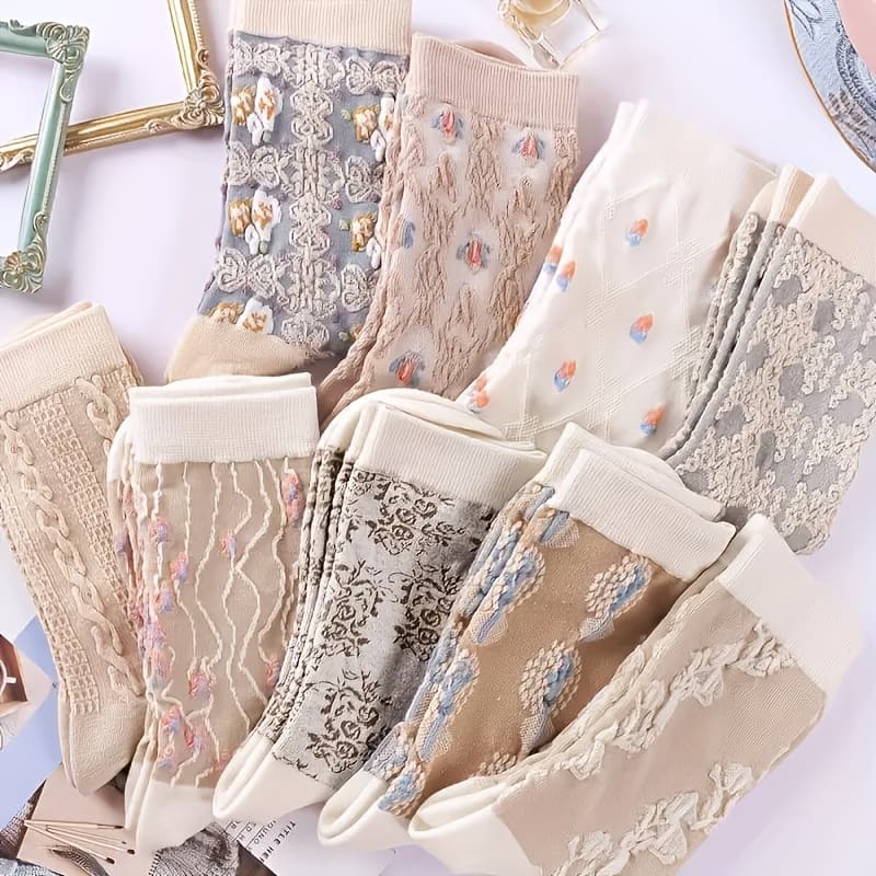 TEMU 9 Pairs Floral Pattern Socks, Comfy & Breathable Mid Tube Socks, Women's Stockings & Hosiery
