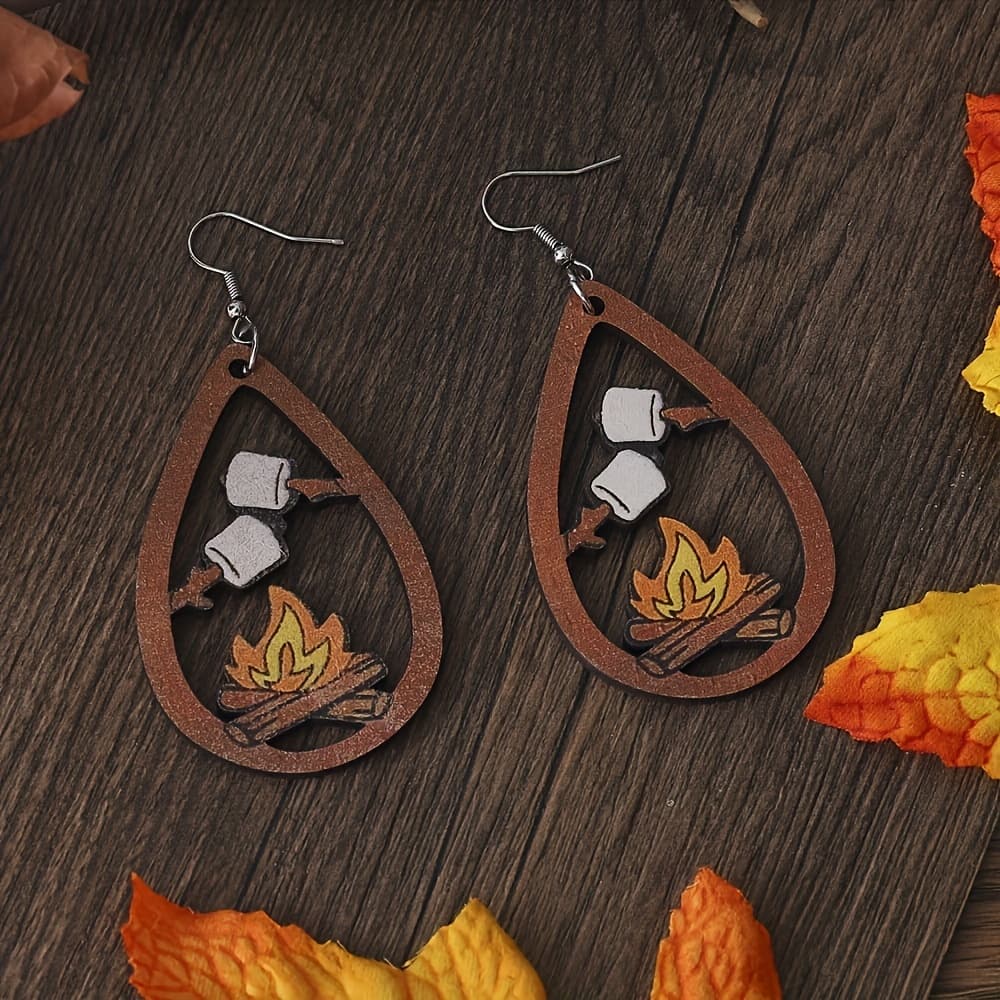 TEMU Chic Wooden Water Drop Earrings With Hollow-out Campfire Design - Parties, Vacations & Sports Events, Creative, Wooden, Hollow Drop, Earrings, Camping Party