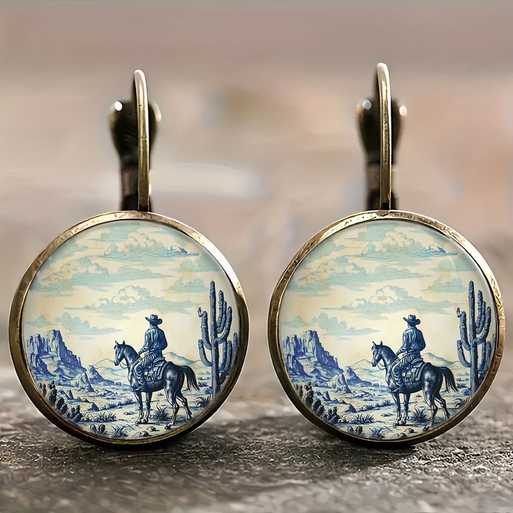 TEMU Alloy Retro Round Earrings, Cowboy Riding, Western Desert, Blue And Retro Earrings, Light Accessories, Simple And Fashionable Style, Daily Versatile Earrings, Gift , Suitable For A Of Occasions