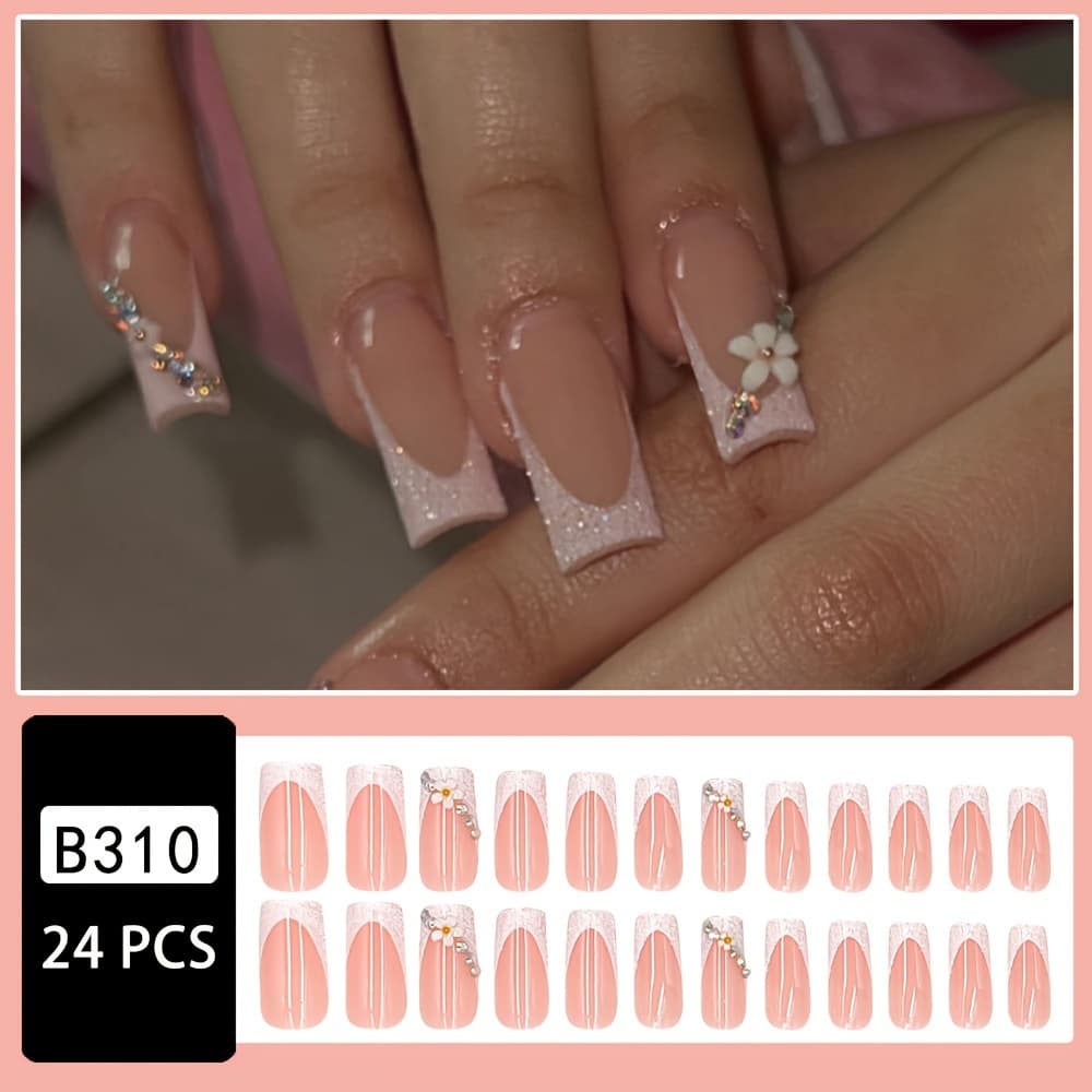 TEMU 24pcs Per Box Zhongshui Jia Shiny Diamond French False Nails Wearable Waterproof Detachable Set With Jelly Glue And Strip