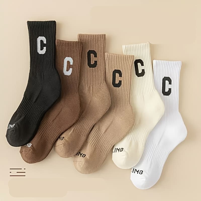 TEMU 6 Pairs Women's Autumn Winter Thick Fleece Sole Long Socks Ins Trendy Versatile Preppy Style Letter Solid Mid-calf Socks