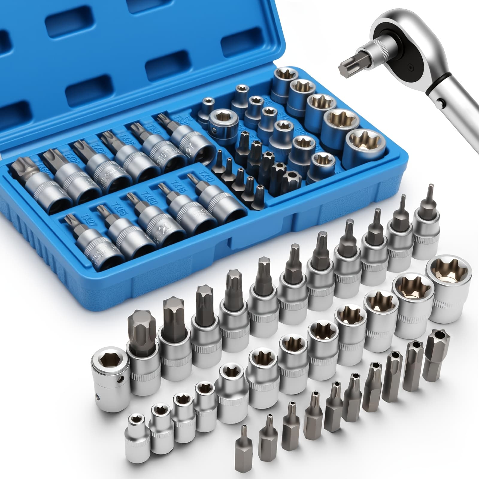 TEMU 34/34+12pcs 3/8'' Drive Torx Star Bit Sockets E-socket Set, E4, T10-60, Tamper Tt10-, 5/16"f To 3/8"m Adapter With Storage Case,s2 Steel, Ideal For Car,trucks,home Improvement