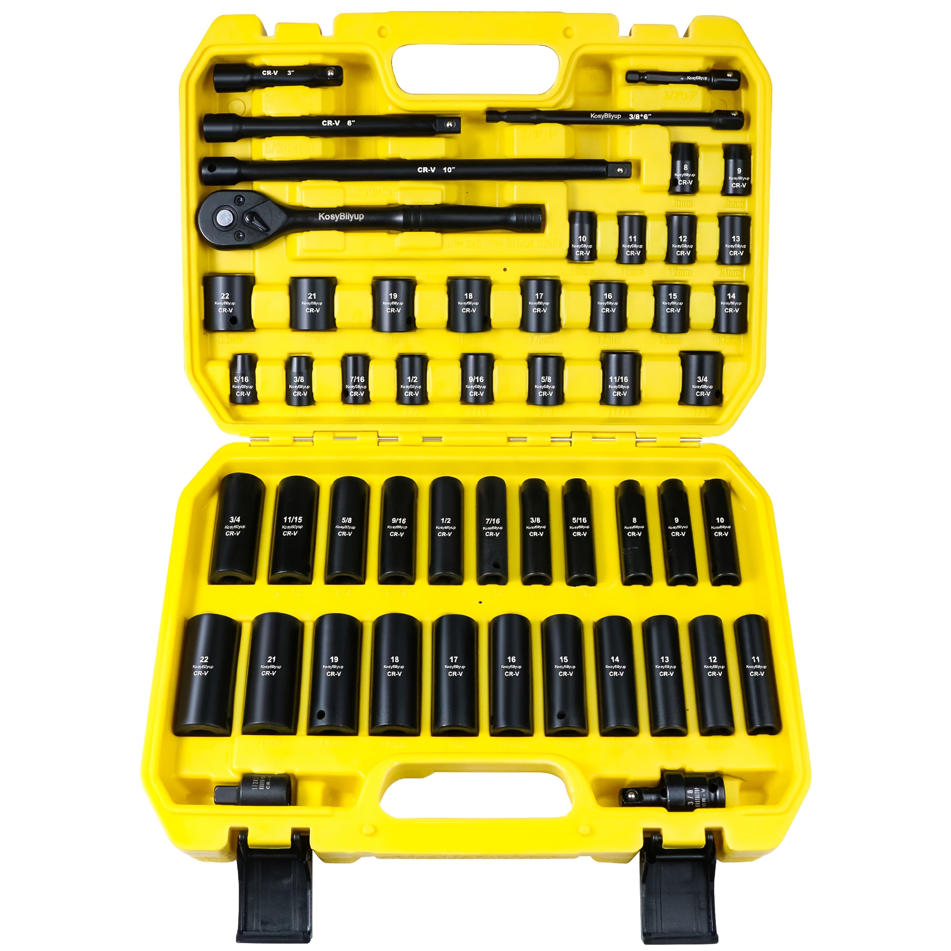 TEMU 3/8" Drive Impact Socket Set, 52pcs, Deep/shallow, Standard Sae (5/16 To 3/4 Inch) And Metric (8-22mm) Size, With Adjustable Ratchet Handle, Extension Bars, Cr-, 6 Point