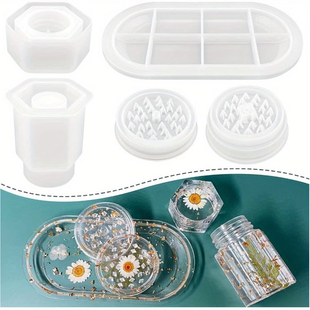 TEMU Set Of 4 Silicone Molds For Resin, Including Molds For Rolling Trays, Grinders, And Jars With Lids, Designed For Spice Grinding And Storage, Perfect For Epoxy Casting Projects