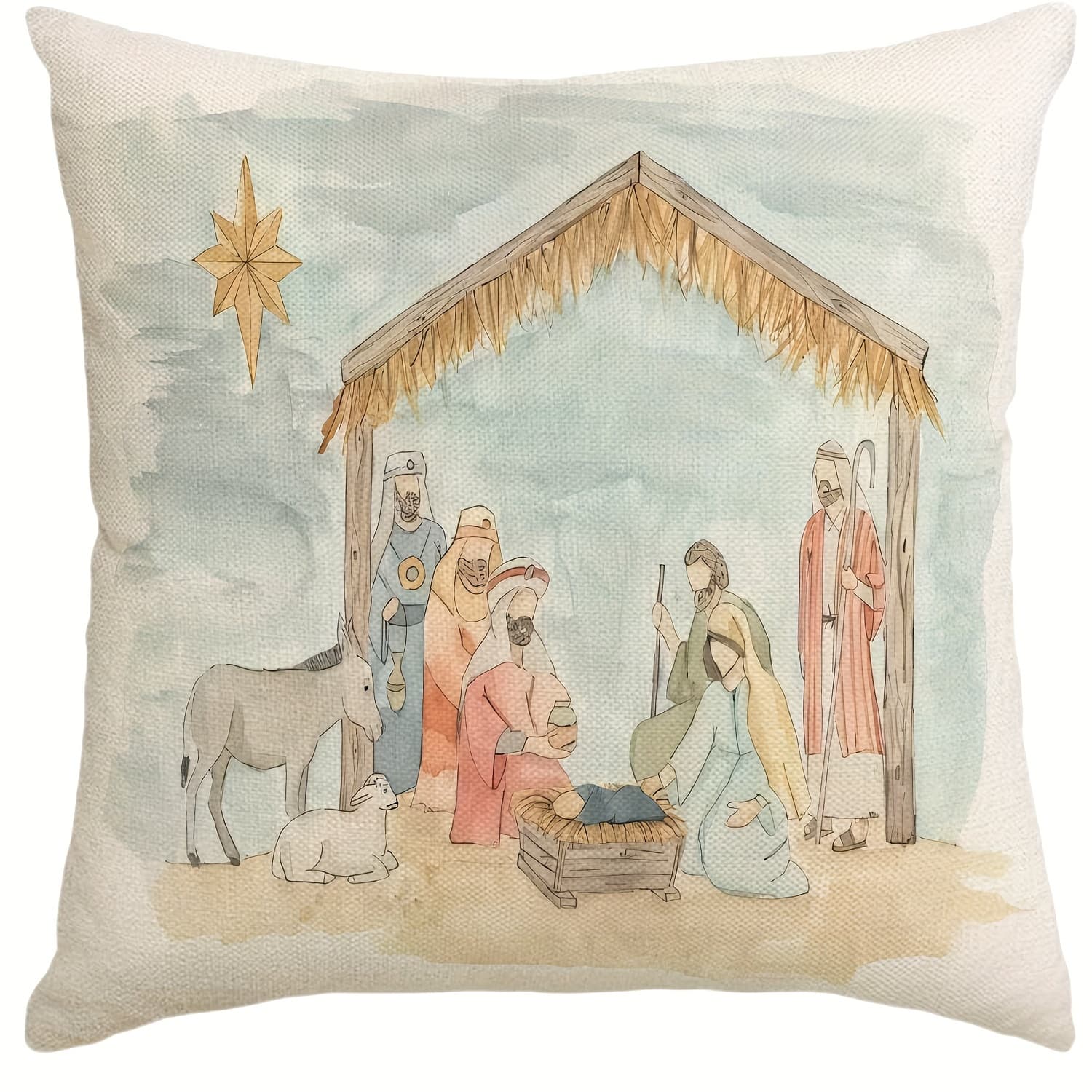 TEMU Rustic Christmas Pillowcase 16x16/18x18/20x20 Inches, Holy Night Nativity Scene, Shepherds Design, Polyester Sofa Cushion Cover, Contemporary Farmhouse Decor, Zippered, Hand Wash Only