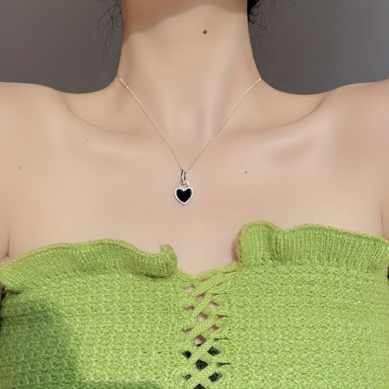 TEMU Ladies S925 Pure Silvery Elegant Double-sided Heart-shaped Necklace With Collarbone Chain Accessory