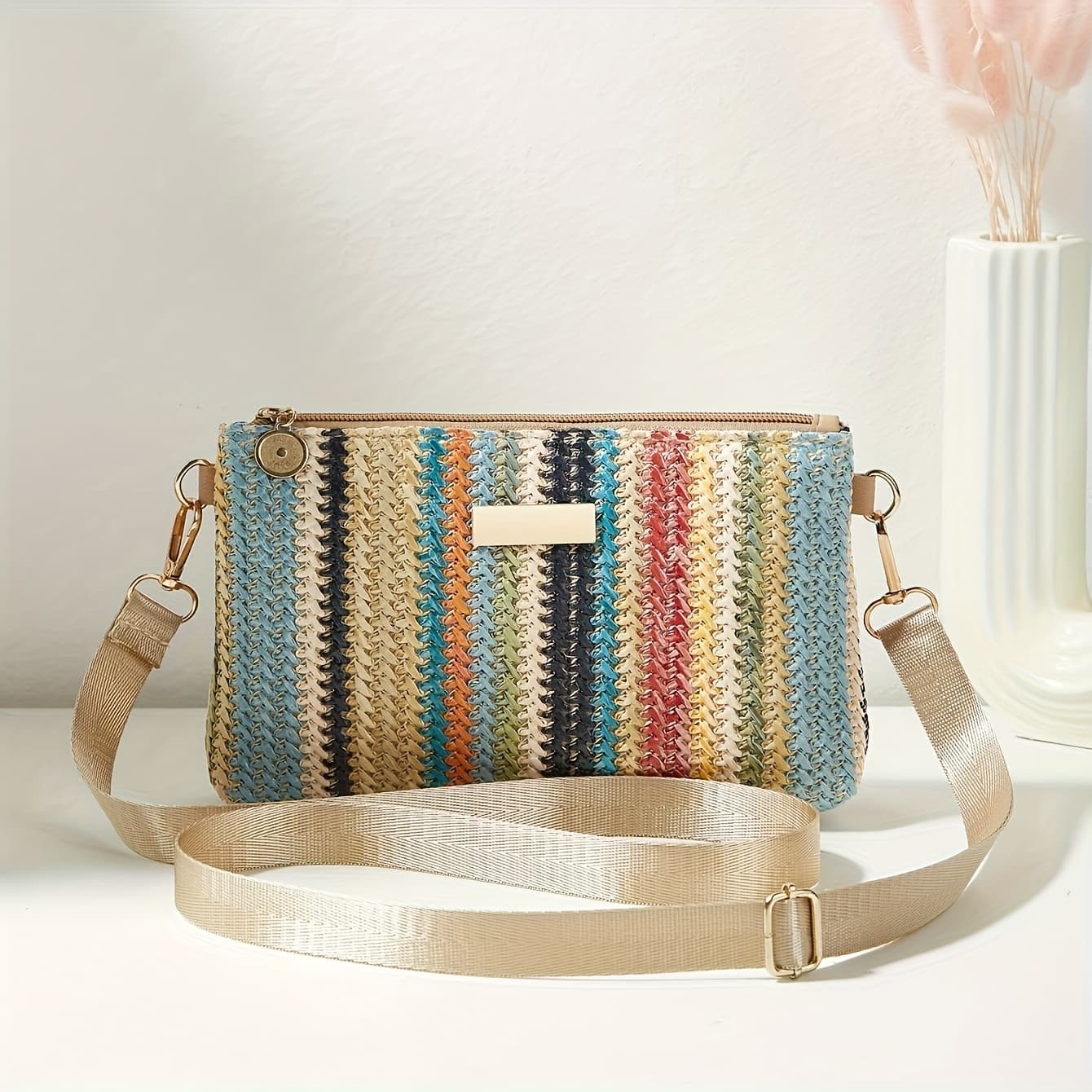 TEMU Fashion Casual Country Style Colorful Woven Women's Crossbody Bag With Metal Sequin Decoration, Adjustable Strap Shoulder Bag, Beach Bag Suitable For Daily Use, Vacation, Banquets, And Gift-.
