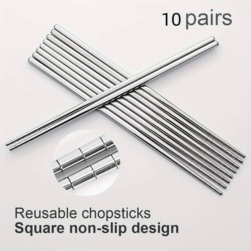 TEMU Stainless Steel Chopsticks 10 Pairs Reusable Multicolor Lightweight 304 Metal Chopsticks Square Lightweight Non-slip Dishwasher Safe Gift Set (silvery)