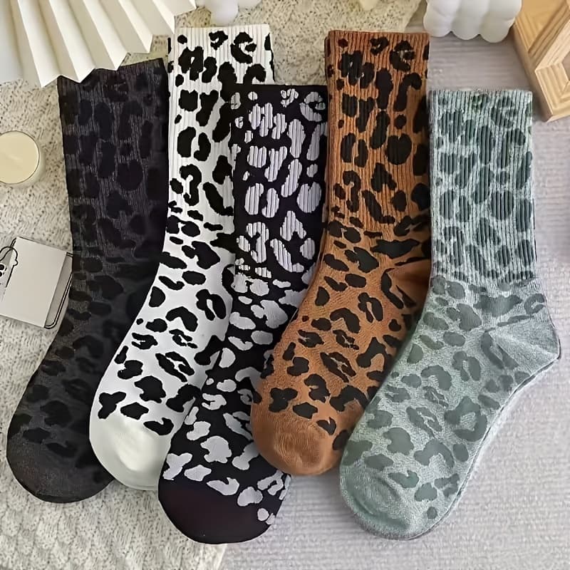 TEMU 5-pair Leopard Print Mid-tube Socks - Fashionable High-waist, Stretchy Polyester Blend For