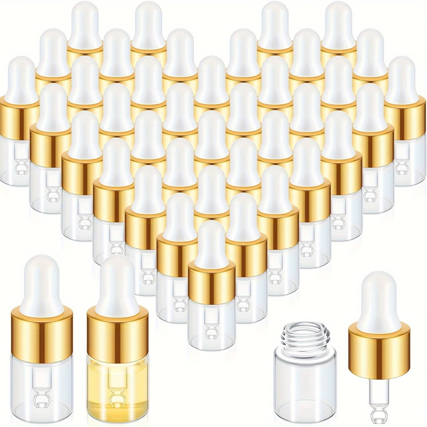 TEMU 25pcs 1/2/3/5ml Glass Mini Dropper Small Vial With Lid For Travel Essential Oil Cosmetics Liquid Perfume