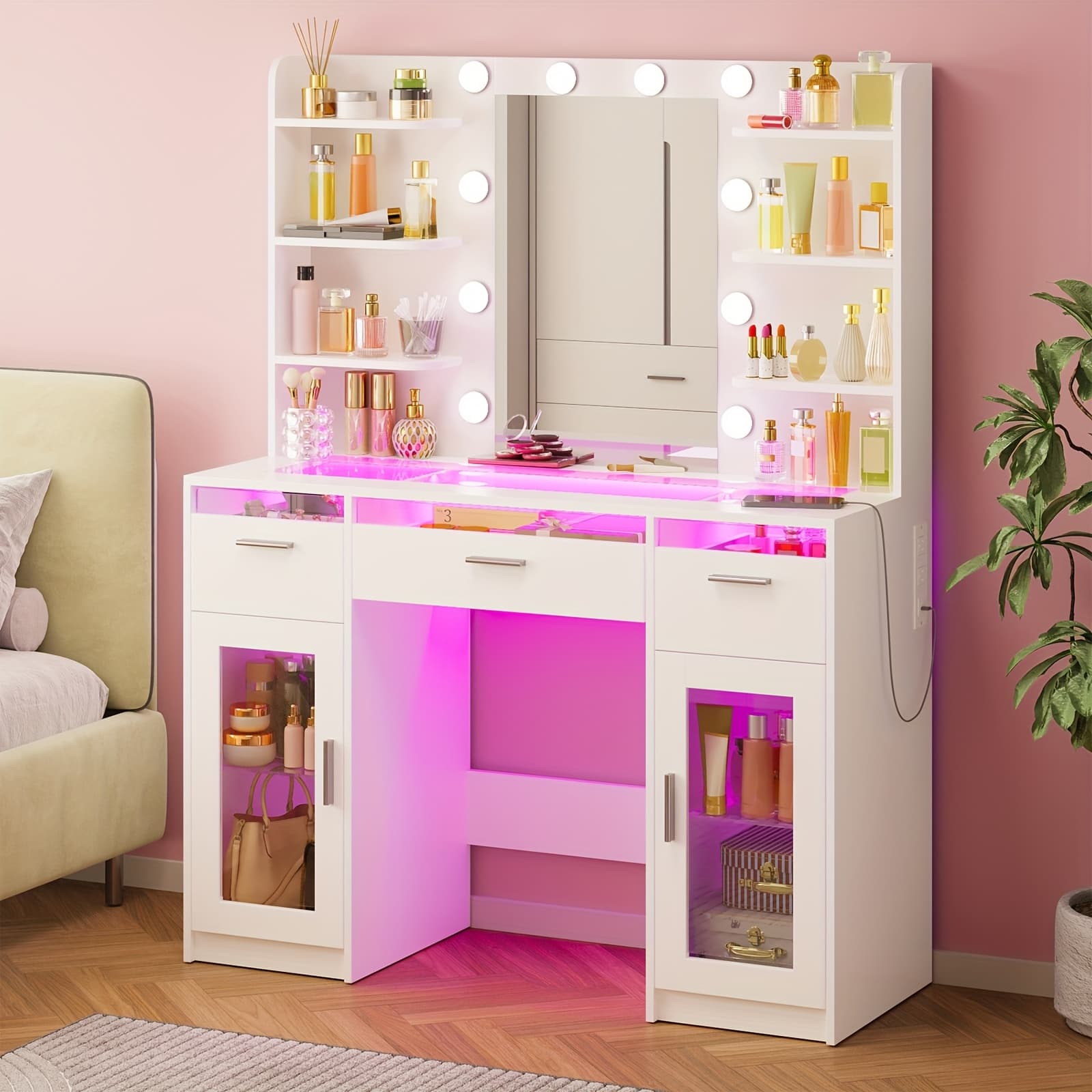 TEMU Tomnk Large Dressing Table With Led Mirror, Makeup Vanity, 3 Drawers, 4 Shelves, Storage Space, Suitable For Bedrooms And Bathrooms, In White