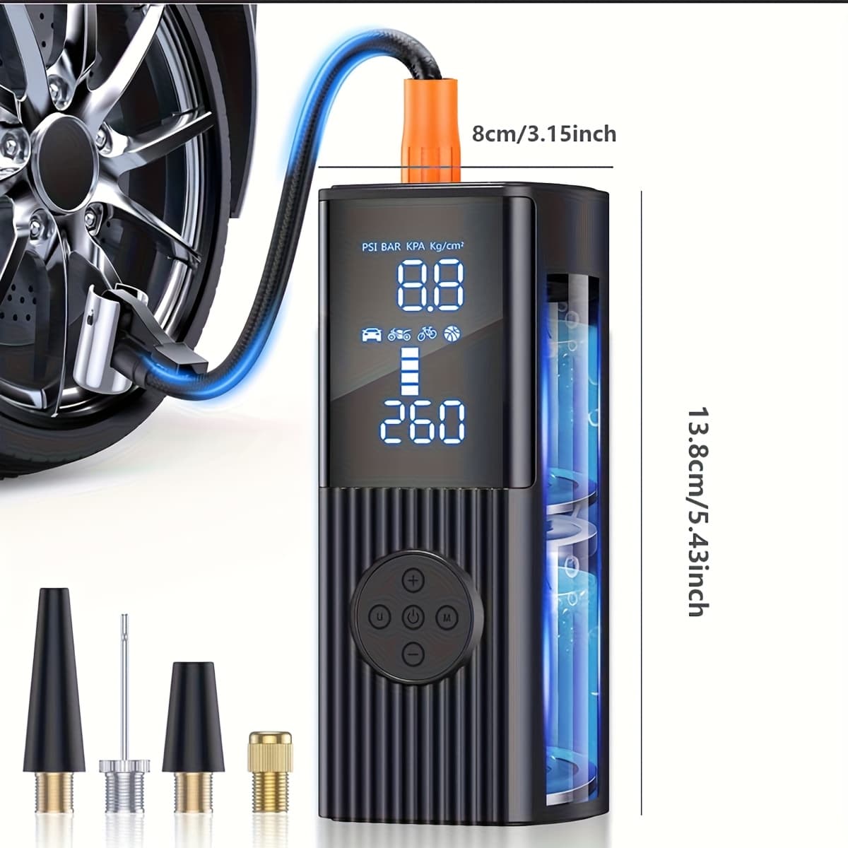 TEMU Portable Tire Inflator With Digital Pressure Gauge | 180 Psi, Rechargeable Battery, Led Light, Cordless, Suitable For Cars, Motorcycles, Bicycles, And Balls