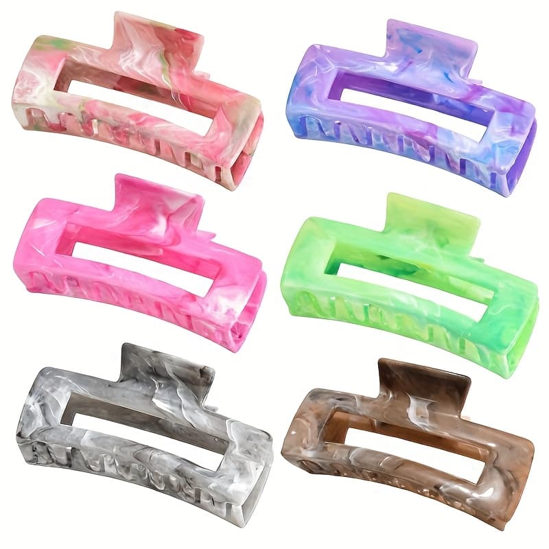 TEMU 6pcs New Textured Colorful Rectangular Hair Clips, Acetate-style Hair Clips For Women, Summer Updo Back Of Clips