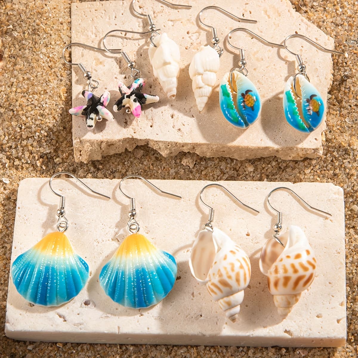 TEMU 5-pair Set Fashionable Beach Style Earrings With Starfish And Conch Shell Elements, For Women, Seaside Vacation, Prom, Party Gift
