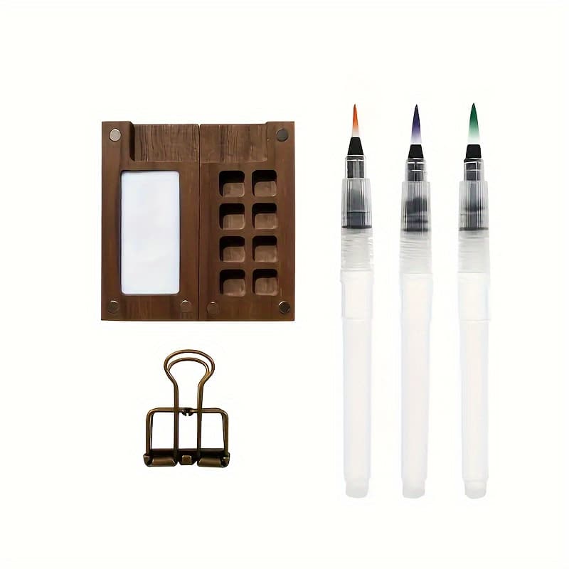 TEMU 5pcs Walnut-colored Mini Handmade Convenient Wooden Watercolor Packaging Box Mini Drawing Board/pen/long Tail Clip Set Without Pigment Empty Box