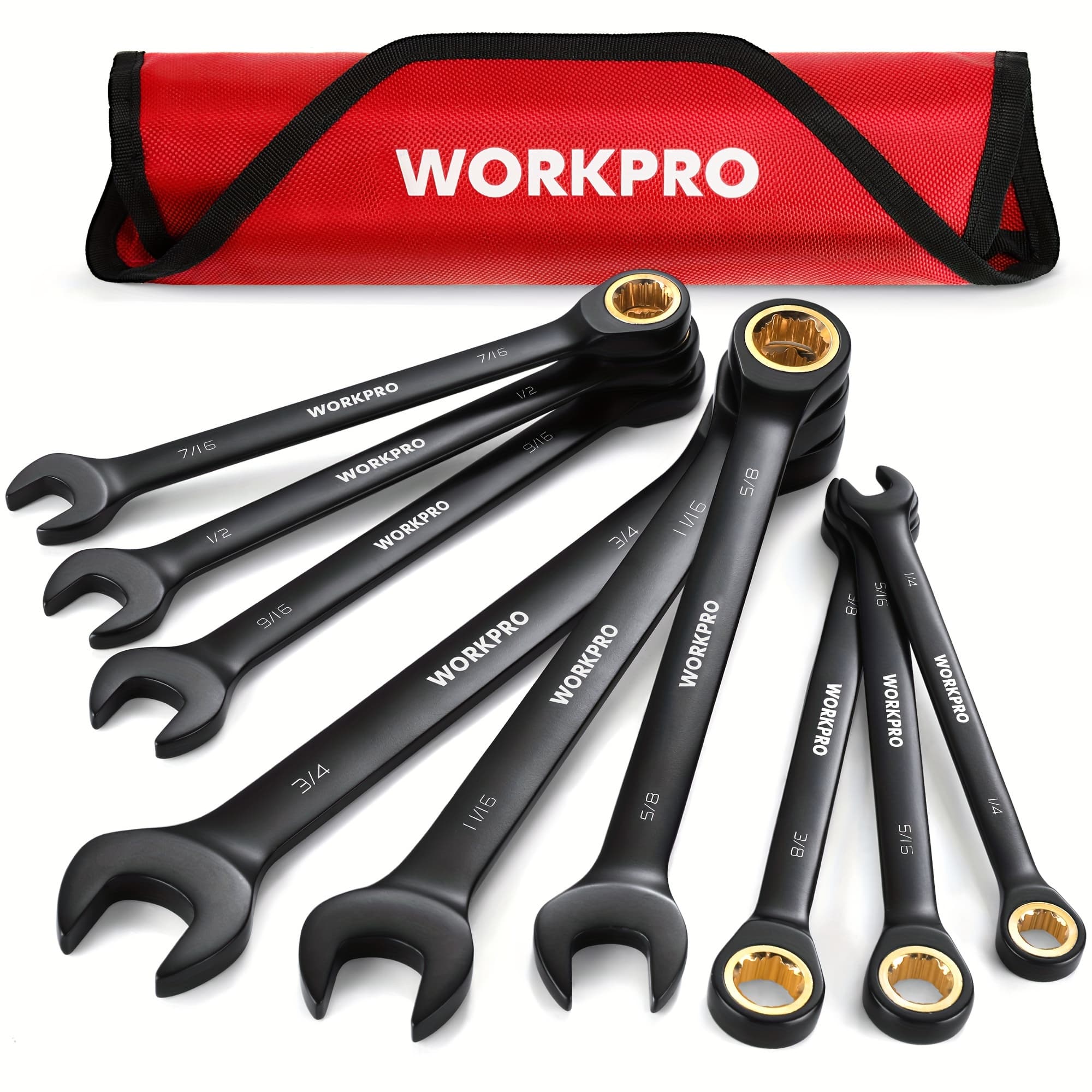 TEMU Workpro 9-piece Anti-slip Ratcheting Wrench Set, Sae 1/4"-3/4", 72-tooth, Cr-v, Black Ratchet Combination Wrenches With Roll Up Pouch