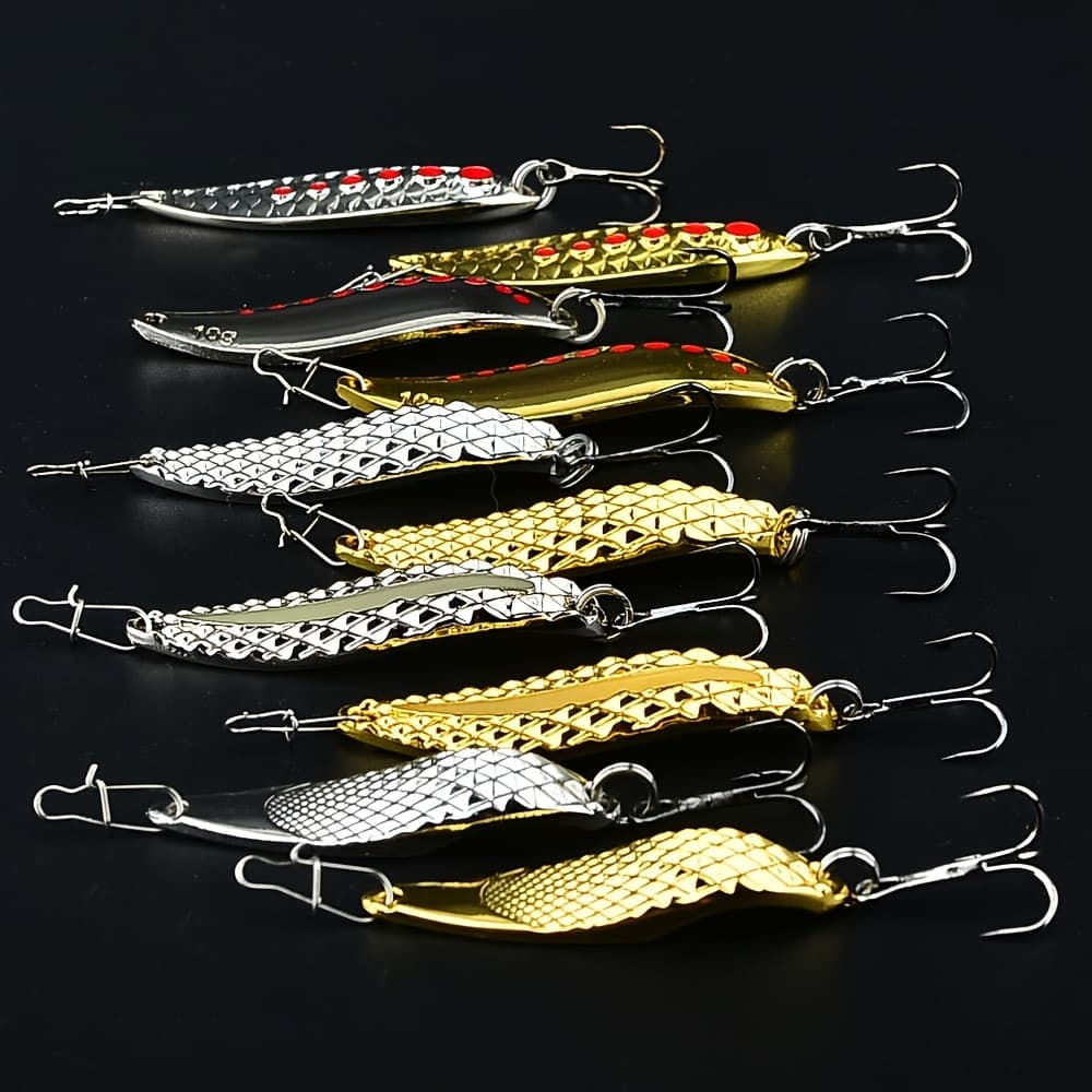 TEMU 10pcs Fishing Lures, 10g Golden And Silvery, Metal Spinners Lures With Treble Hooks For Freshwater & Saltwater Fishing
