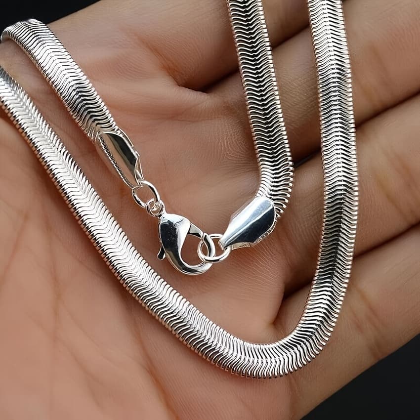 TEMU S925 Sterling Silvery Flat Snake Bone Chain, Handmade, Sterling Silvery , Artistic Necklace, Alone, And Mix And Other Multiple Wear Styles, Unisex, Jewelry Gifts