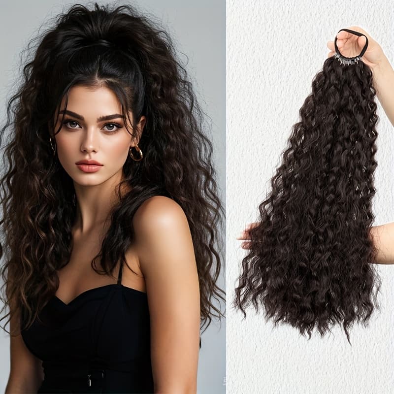 TEMU Long Ponytail Hair Extension For Women - Volumizing Synthetic Fluffy Hairpiece With Elastic Band, For Parties & Daily Use