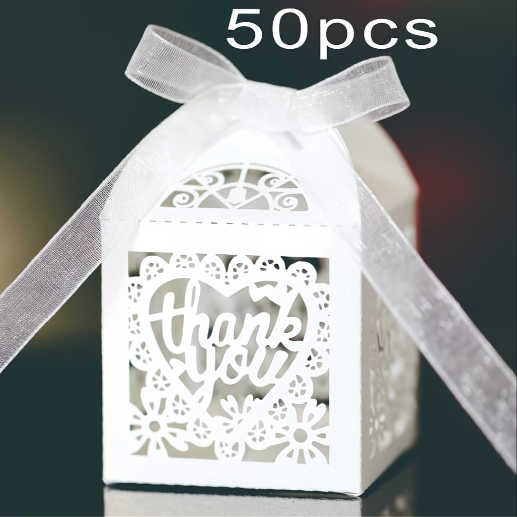 TEMU 50pcs Double Letter Candy Boxes Chocolate Gift Box Laser Cut Wedding Favor Birthday Party Bridal Shower With Ribbon 50pcs White, Christmas, Halloween