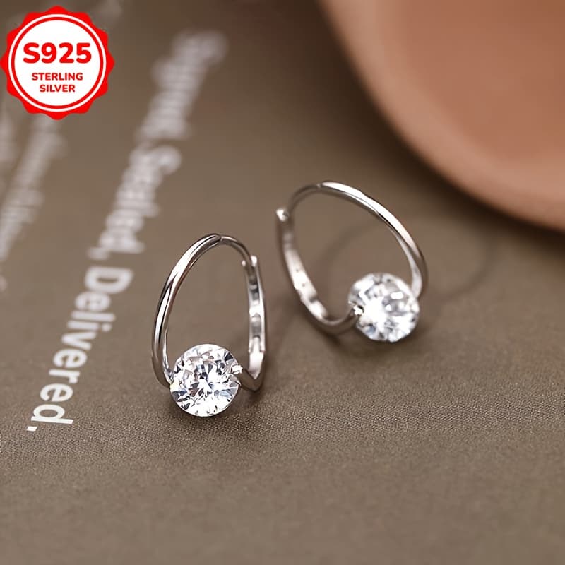 TEMU Elegant 925 Sterling Silvery Hoop Earrings With Sparkling Cubic Zirconia - Hypoallergenic, Perfect For Casual Attire And Gifting, Ideal For Music Festivals And Christmas