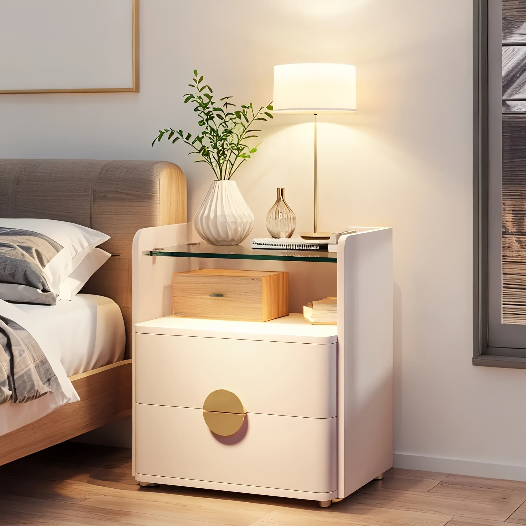 TEMU 2-drawer Modern Night Stand With Open Storage Space, Easy Assembly Wood Bed Side Table For Bedroom, End Table With Golden Round Metal Legs For Living Room
