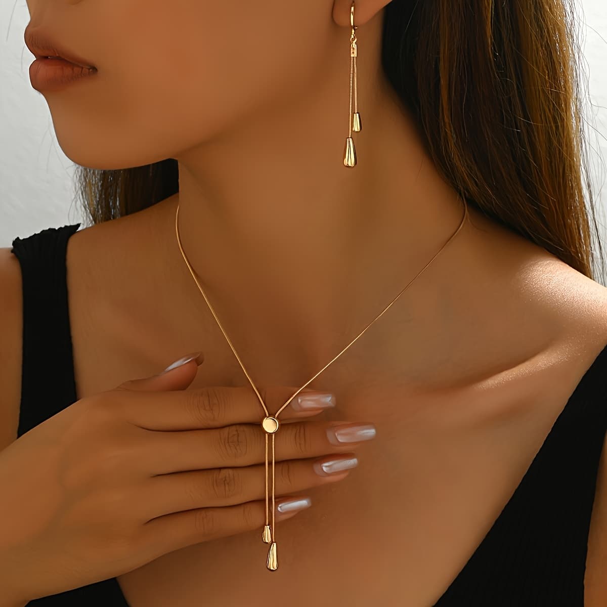 TEMU 1 Set Of Fashionable Teardrop Long Tassel Dangle Earrings With Adjustable Length