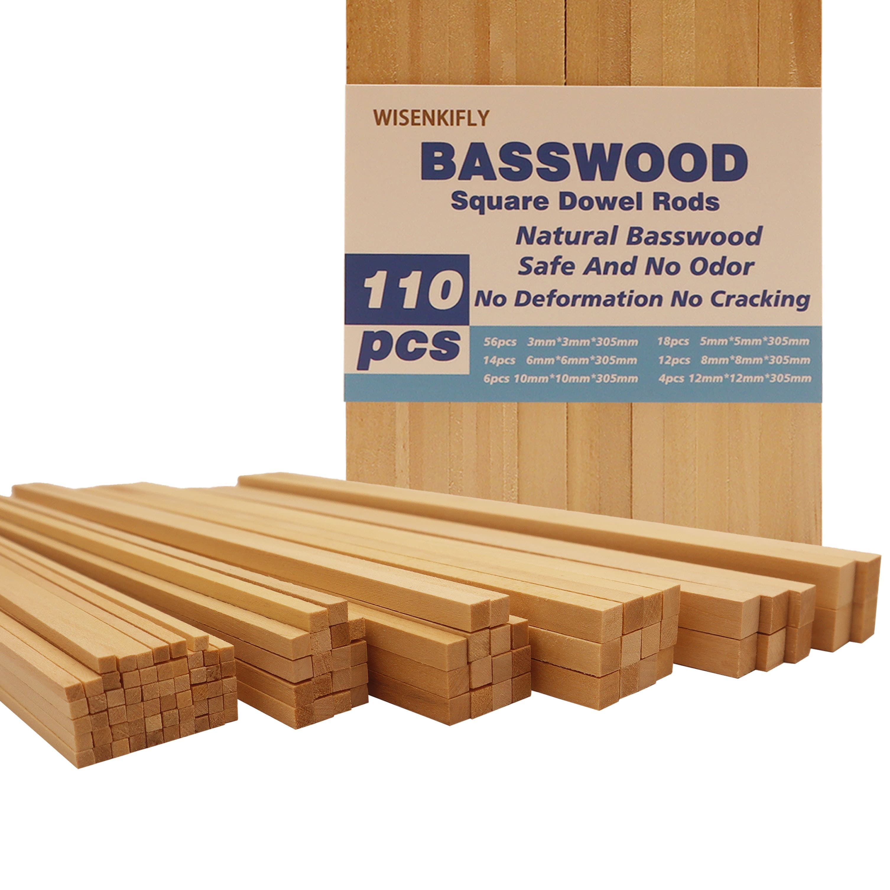 TEMU 110pcs-1/2", 3/8", 5/16", 1/4", 3/16", 1/8"x12" Inch Basswood Wooden Square Dowel Rod, Small Hardwood Unfinished Wood Squrae Sticks For Crafts Projects