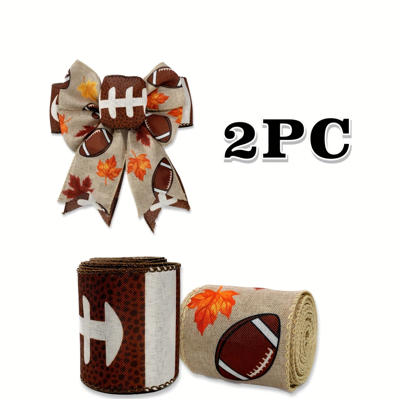 TEMU 2 , Football Themed With Wired Edge, 2. 5 Inch Polyester Ribbon Set For Diy Crafts, Wreaths, And Gift Packaging, Brown And Autumn ,