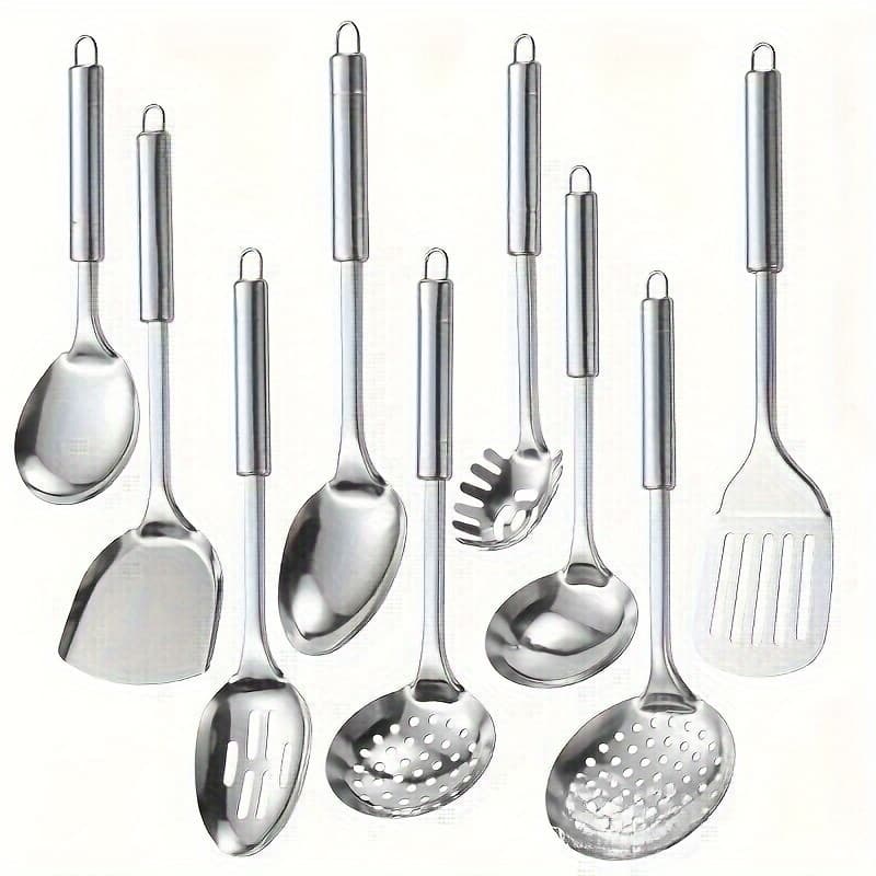 TEMU 9pcs Modern Stainless Steel Cooking Utensil Set - , Washable, - Ideal For And Culinary Enthusiasts-perfect For Christmas, Halloween, Thanksgiving