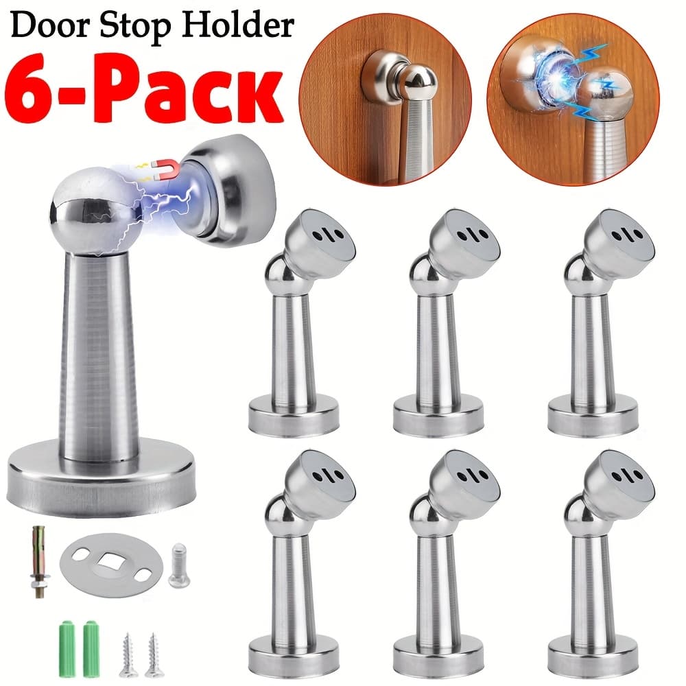 TEMU 6pcs Stainless Steel Magnetic , Wall & Floor Mounted Metal Catch Holder, Silvery Tone