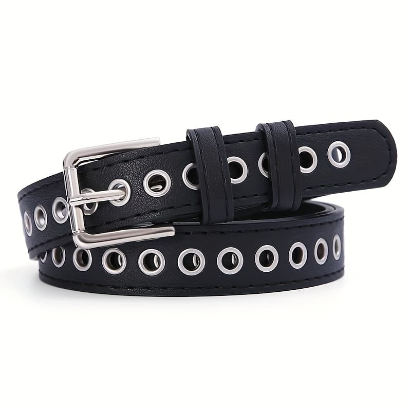 TEMU New Metal Eyelet Belt For Women, No-punching Design, Korean Style, Versatile And Fashionable With Hollow Decorative Elements