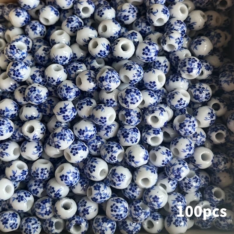 TEMU Premium 100pcs 8mm And White Orchid Ceramic Beads - Elegant White Glazed Base With Delicate . Perfect For Making, Bracelets, Necklaces, And Home Crafts. Durable, Artisan .