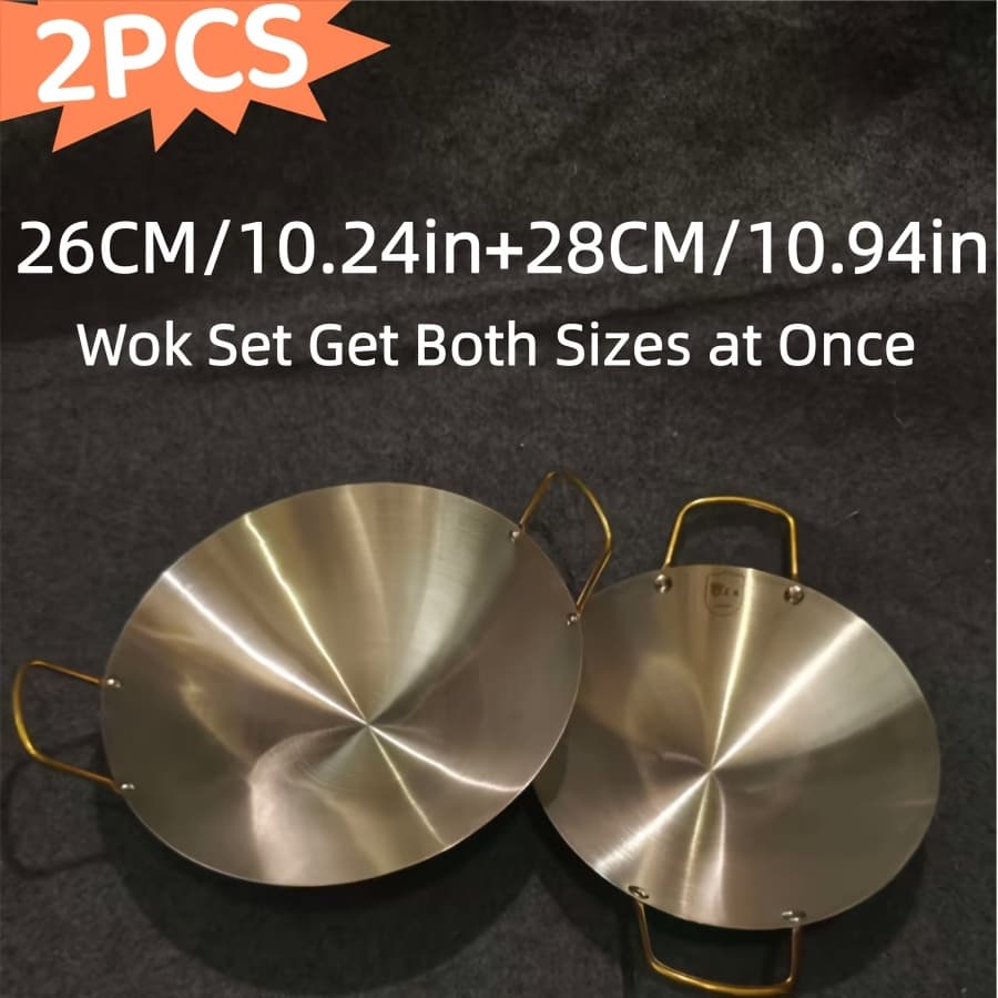TEMU 2pcs 26cm/28cm Stainless Steel Dry Pot With Golden Handles, Large Serving Wok For Gas Stove, Outdoor Camping, Bbq And Restaurant Cooking