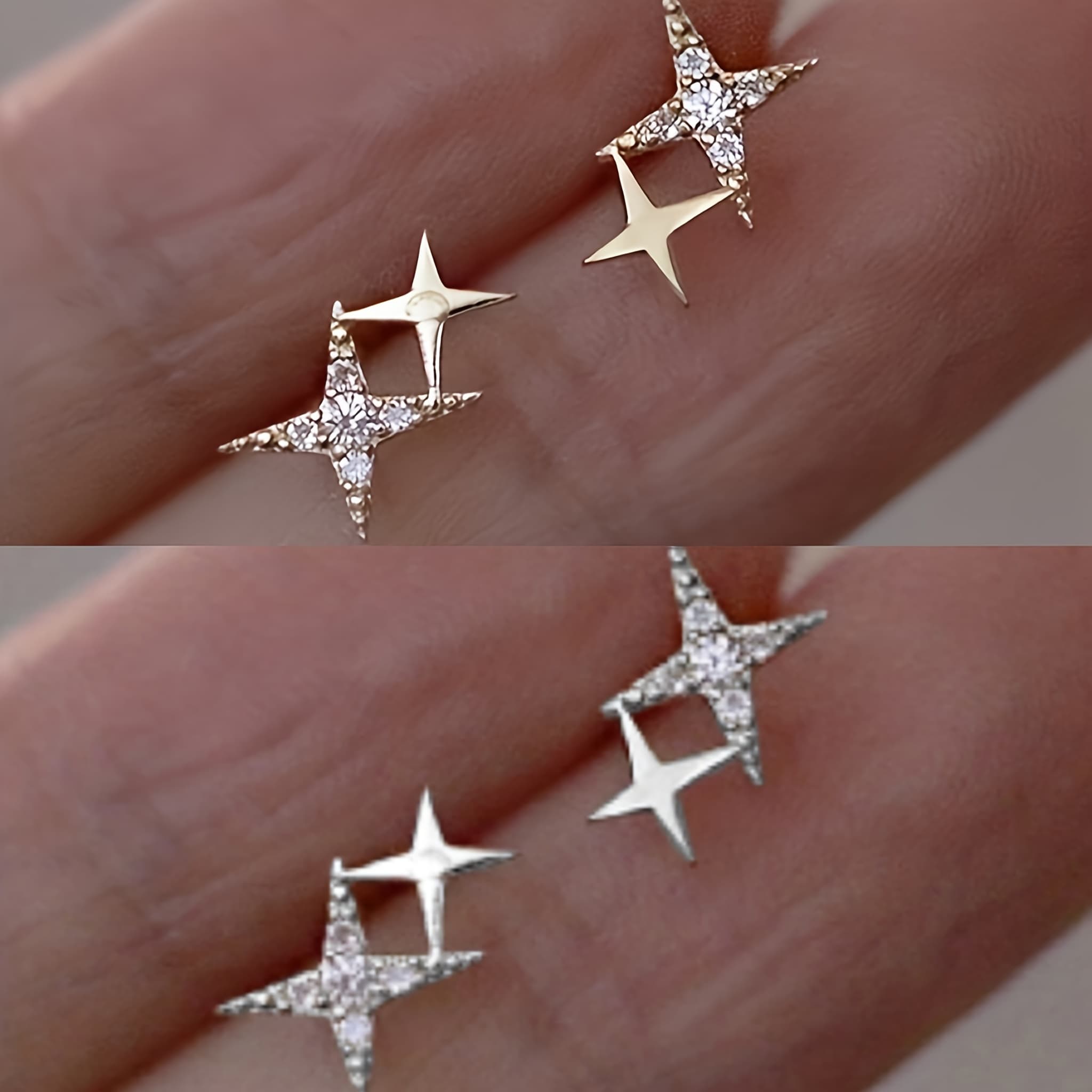 TEMU Minimalist Double Earrings With Sparkling Synthetic Zirconia Stones - Elegant Everyday & Valentine's Day Jewelry Gift For Women, Durable Accessories, Sophisticated Style | Highquality Finish