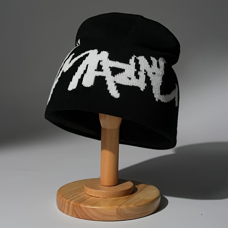 TEMU 1pc Ama Letter Beanie - Black And White, Flexible Winter Hat, Unisex Cold Weather For Men And Women, Suitable For Daily And Formal Attire, Hat, Casual Fashion Accessory