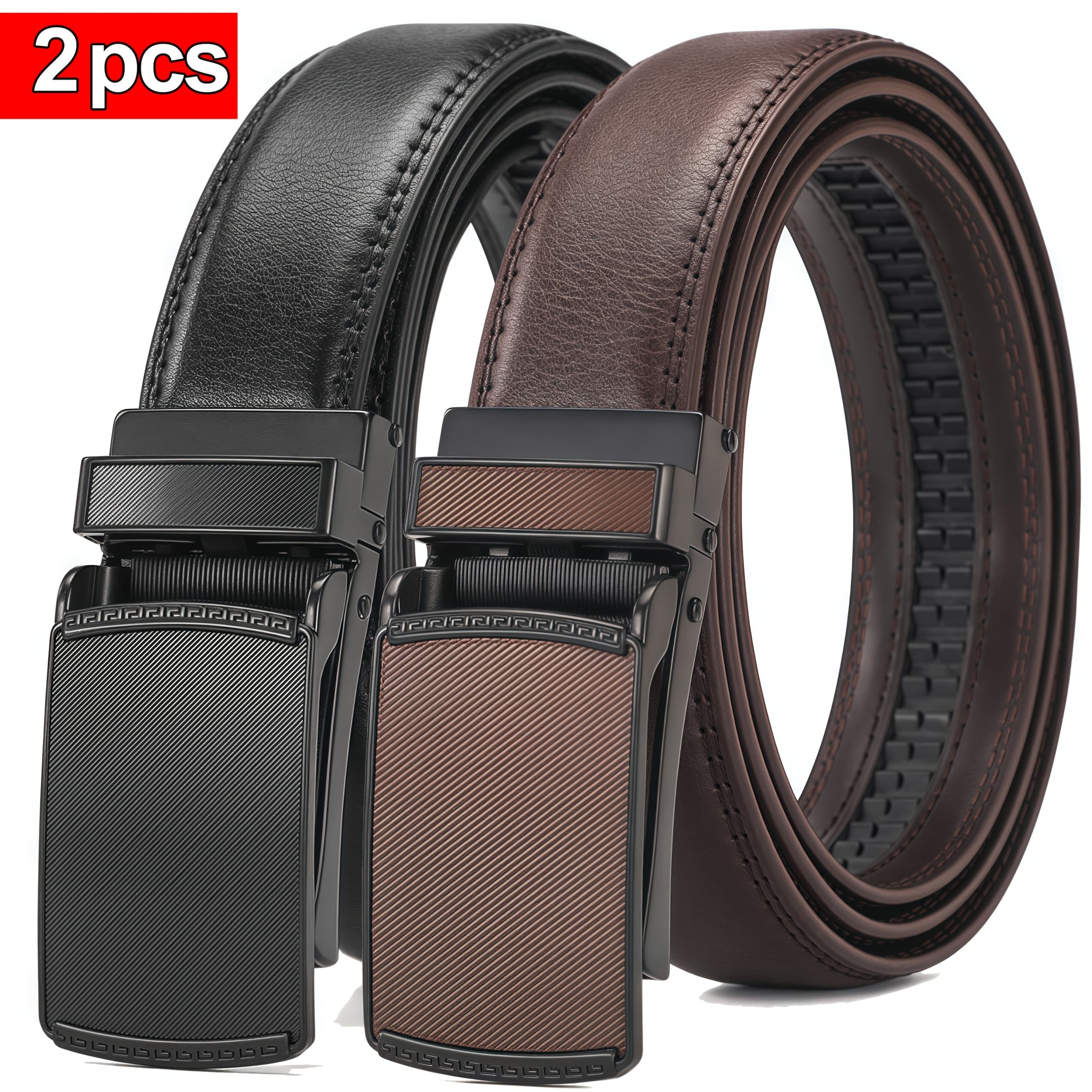 TEMU 2pcs Men's Genuine Leather Belt Flip Board Convenient Automatic Belt Business Casual Golf Ratchet Belt Christmas Gift Width 1.2 Inch