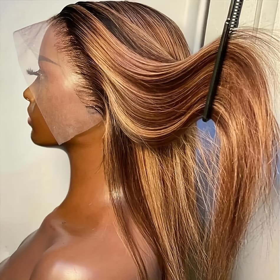 TEMU Women' Glueless Human Hair Wig With 13x4 Pre- Lace Front & Ombre Highlight - Straight Honey Blonde To Hair, High Density 250%, Suitable For Wigs For Women