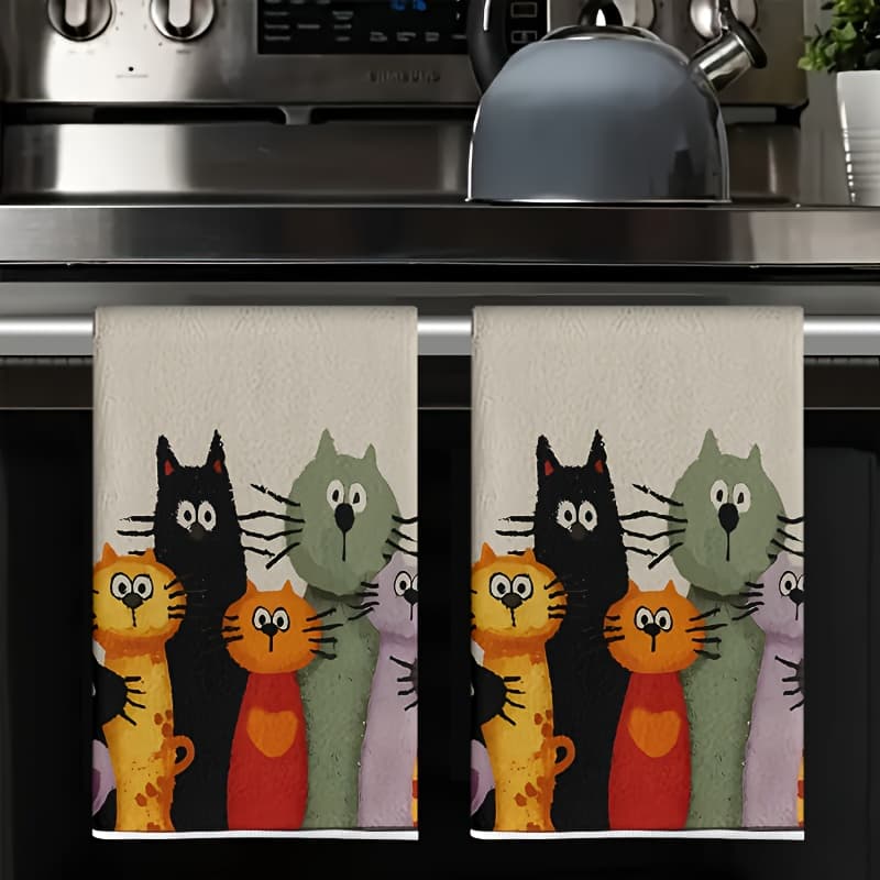 TEMU Set Of 2 Adorable Cat Kitchen Towels - Microfiber, Machine Washable, Perfect For Drying Hands And Dishes, An Ideal Housewarming Gift, Birthday Present, Or Gift, Cleaning Cloth, Dishwashing Towel