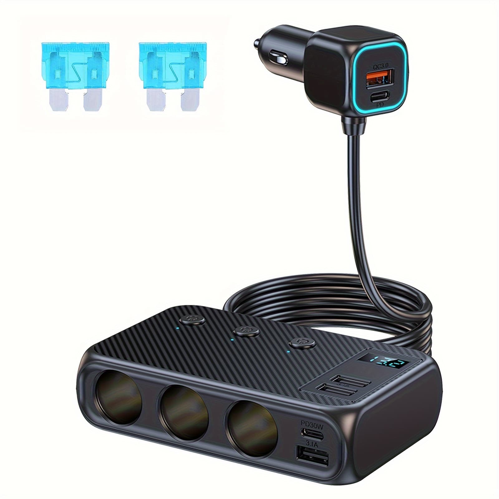 TEMU 9 In 1 Usb C Car Charger Car Lighter Splitter 171 W With Triple 12 V/24 V Plug Charging Cable Splitter With 4 Usb + Dual Pd Ports, With Separate Switch Led Voltage Display