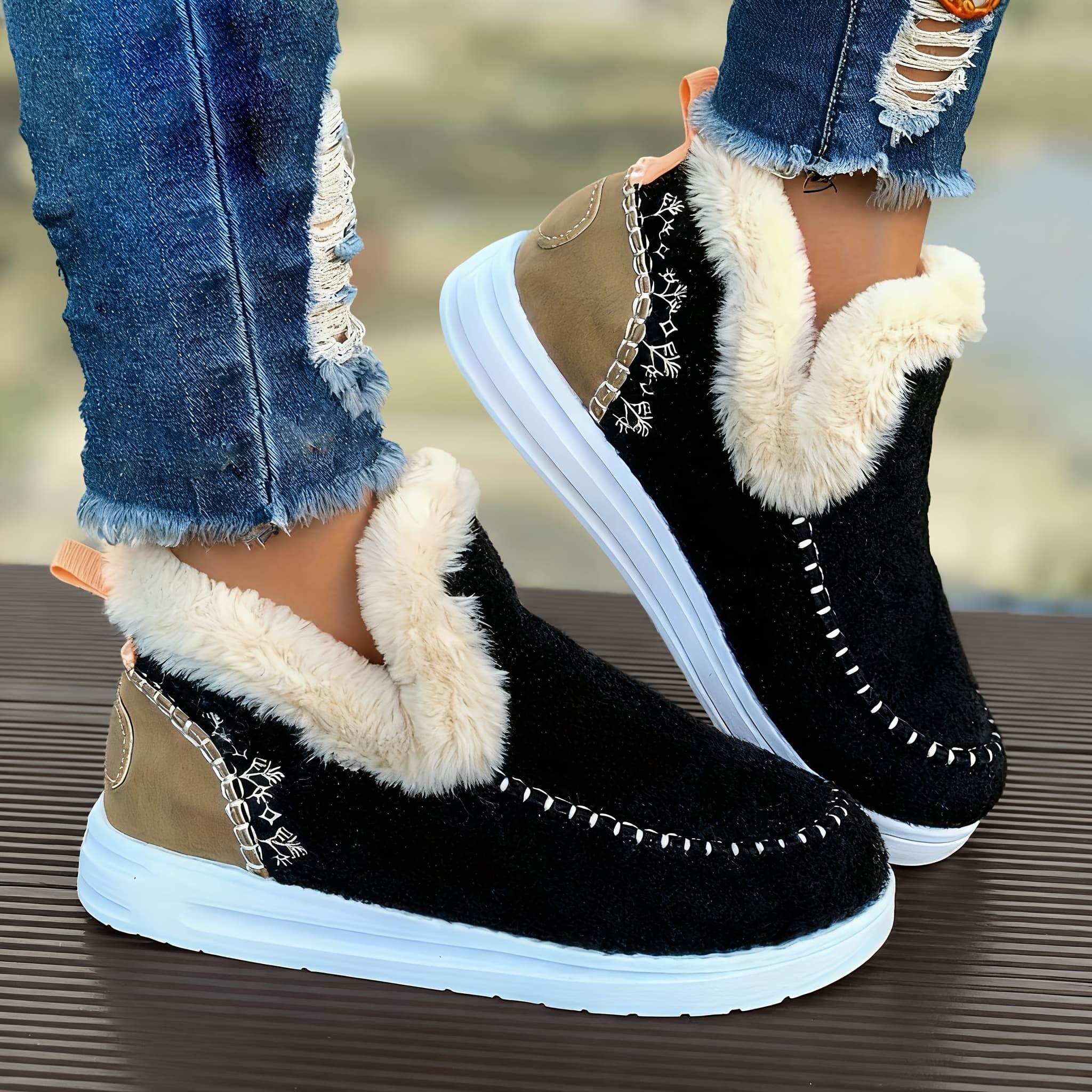 TEMU Comfortable Women's Slip-on Ankle Boots - With Fleece Lining, Round Toe Design, Flat Soft Sole, Thickened For , Essential For Winter, Women' From Local . Women's Boots, Women Shoes