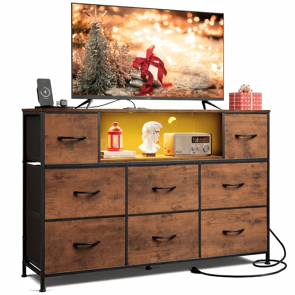 TEMU Office 8-drawer Fabric Dresser With Charging Station & Led Lights, Open Shelf Storage Cabinet For Office