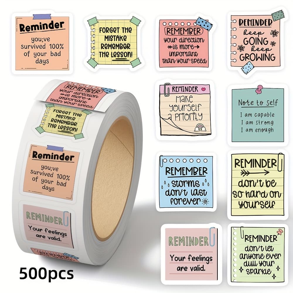 TEMU 1roll/500pcs Random Reminder Themed 2d Flat Stickers 10 Patterns Non-repeating Delicate Decoration For Holiday Gift Celebration Decor Class Reward Birthday Gift Bicycle Scooter Luggage