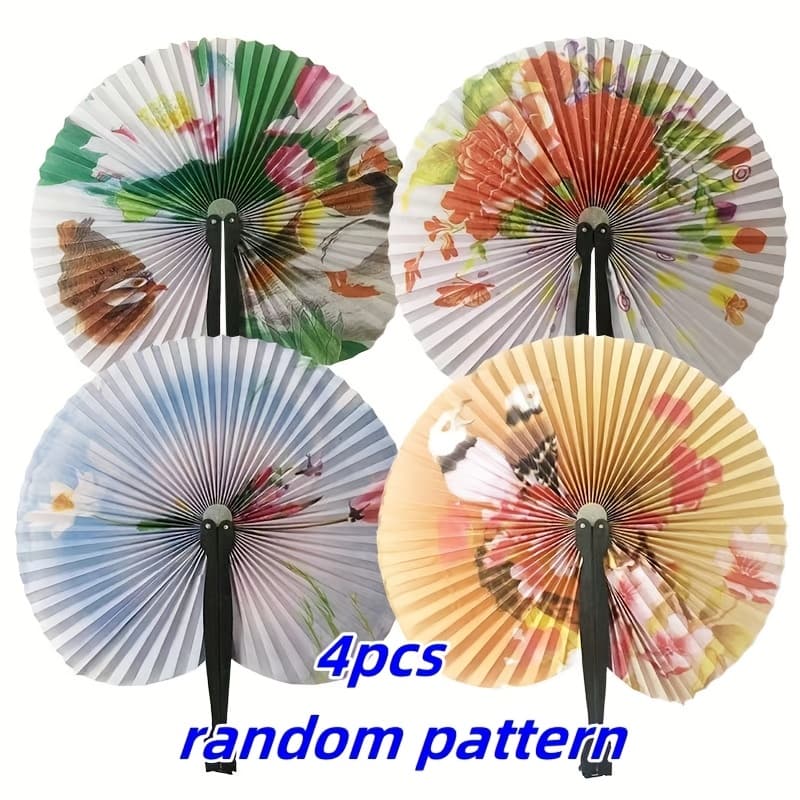 TEMU 4pcs Mini Chinese Oriental Handheld Flower Folding Paper Fan Combination Wedding Birthday Party Gift (black Handle) With Random Fan Surface Patterns