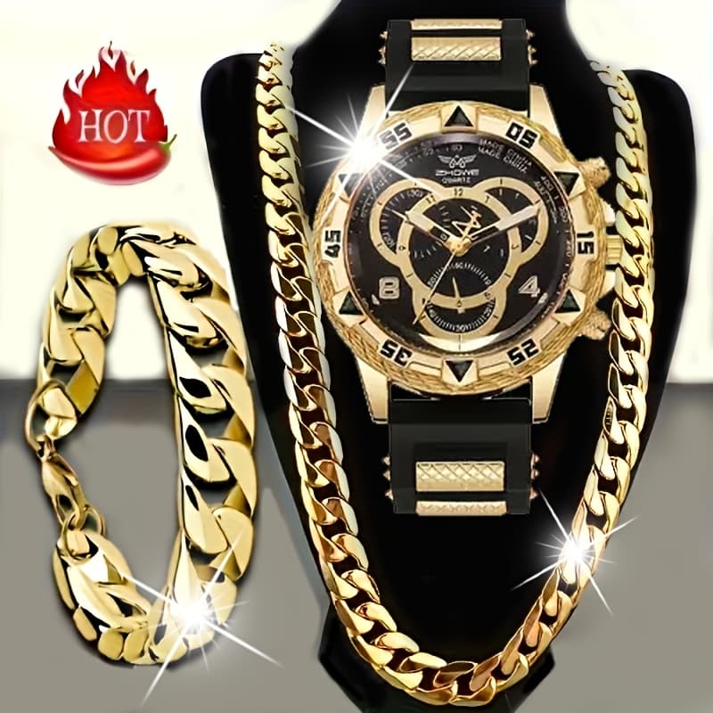 TEMU 3pcs Men's Quartz Watch & Chain Set - Watch With Necklace & Bracelet, Quartz Movement, Round Suitable For Daily Wear, Parties, Gifts For Him, For , For Family - Multi-occasion Accessories